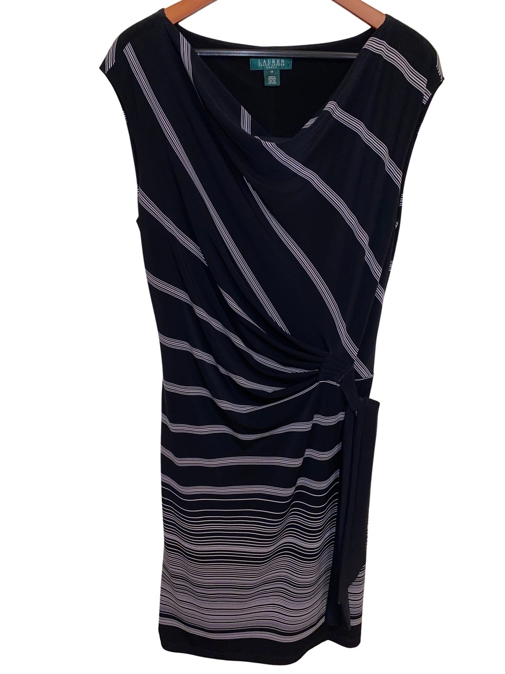 Lauren Ralph Lauren Black and White Draped Tie-Waist Sheath Dress